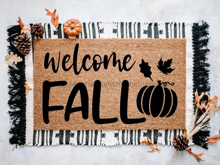 Door mat DecoExchange Pumpkin Doormat Welcome Fall on natural burlap with black script and pumpkin icon on Tampa Home & Garden Store