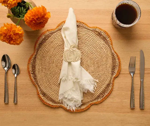 Pumpkin Napkin Ring by Payton James, handmade natural straw accent with white napkin on Tampa Home & Garden Store