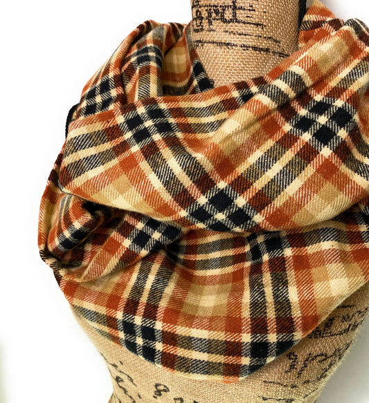 Pumpkin Spice Plaid infinity scarf by Thistle & Stitch in orange tan cream black plaid on Tampa Home & Garden Store
