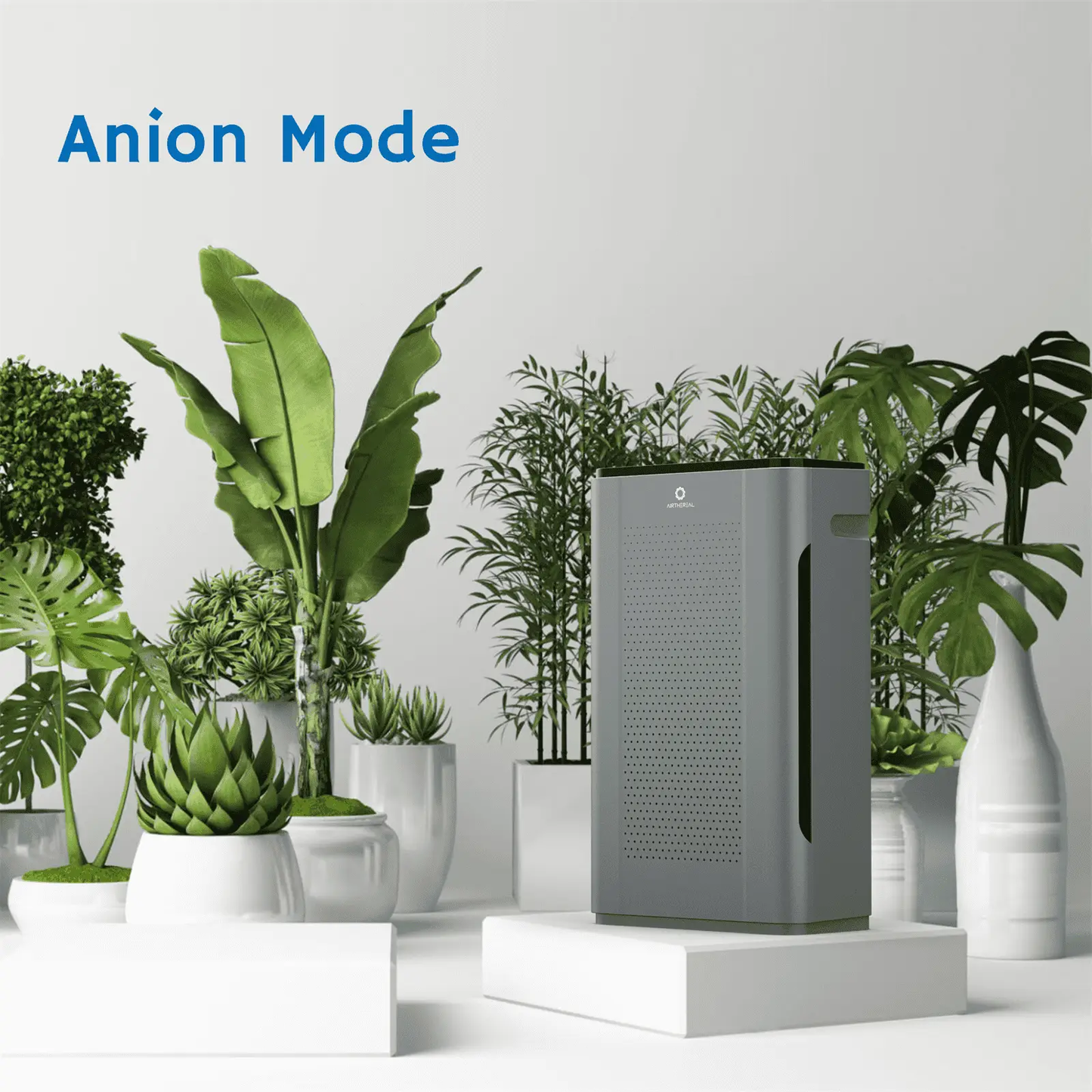Pure Morning APH320 smart WiFi HEPA air purifier Airthereal gray perforated panel amid plants on Tampa Home & Garden Store