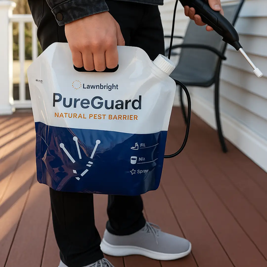 PureGuard Pest Barrier bag by Lawnbright for natural pest control, held on a deck on Tampa Home & Garden Store