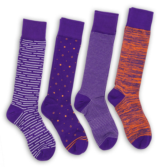 DeadSoxy Purple Orange Mixed Socks 8 Pack, team colorways with striped and dotted patterns on Tampa Home & Garden Store