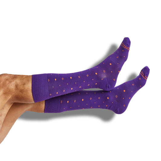 Purple orange dress socks by DeadSoxy with orange dot pattern, team colorways, 4-pack on Tampa Home & Garden Store