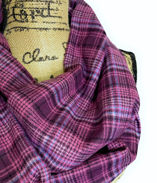 Thistle & Stitch organic cotton infinity scarf and blanket scarf in purple plaid with accents on Tampa Home & Garden Store