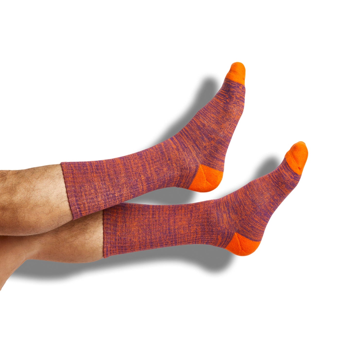 DeadSoxy purple orange crew socks, knit with orange toes, two socks shown on legs on Tampa Home & Garden Store