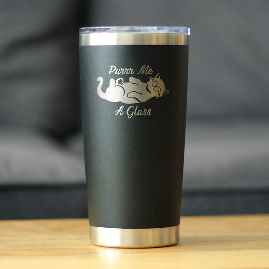 Purr Me a Glass cat-themed sliding lid tumbler, black matte with silver rim on Tampa Home & Garden Store