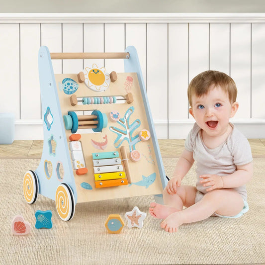 Wooden baby walker push and pull learning center with blue sides and wood panels on Tampa Home & Garden Store