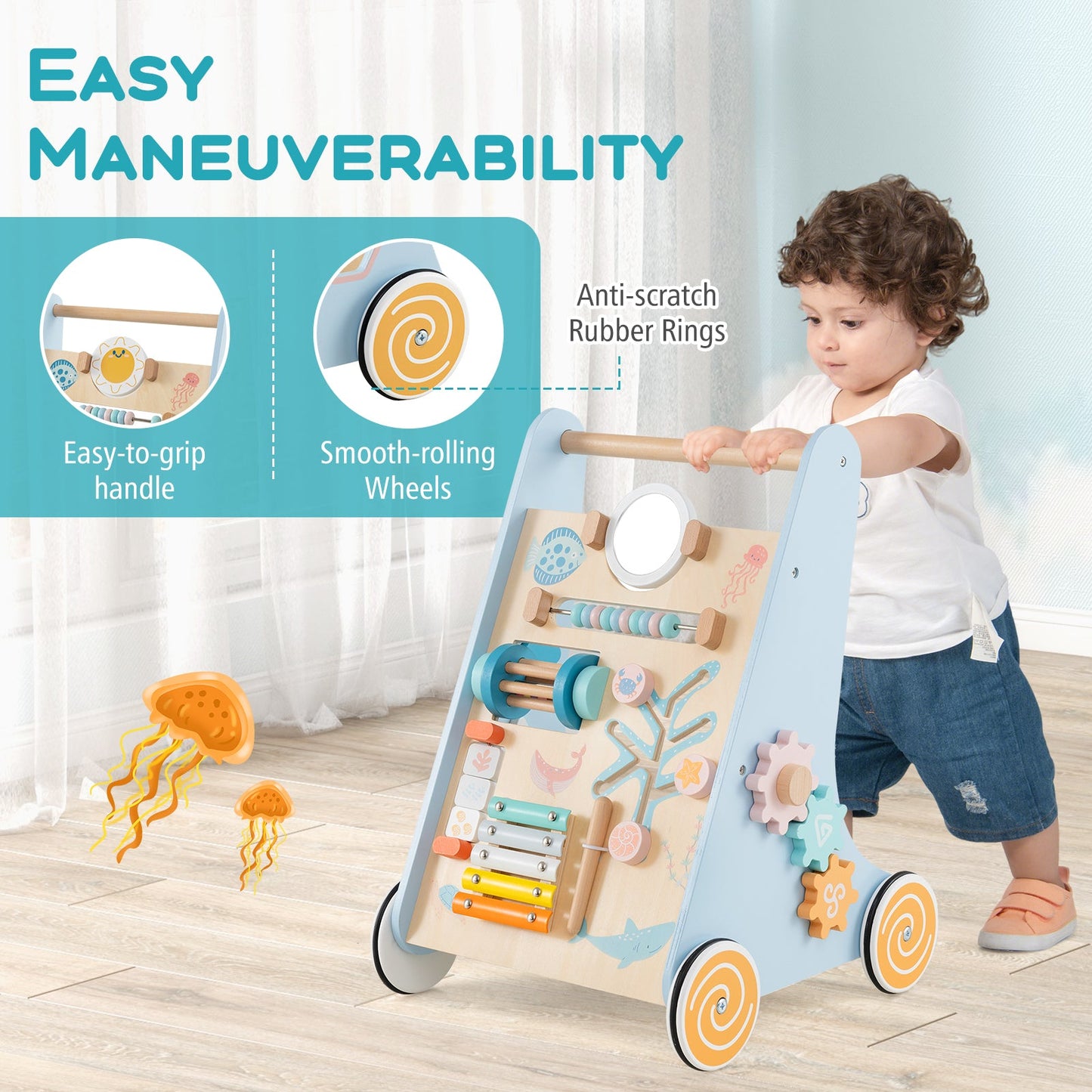 Wooden baby walker push and pull learning center with interactive panels and smooth wheels on Tampa Home & Garden Store