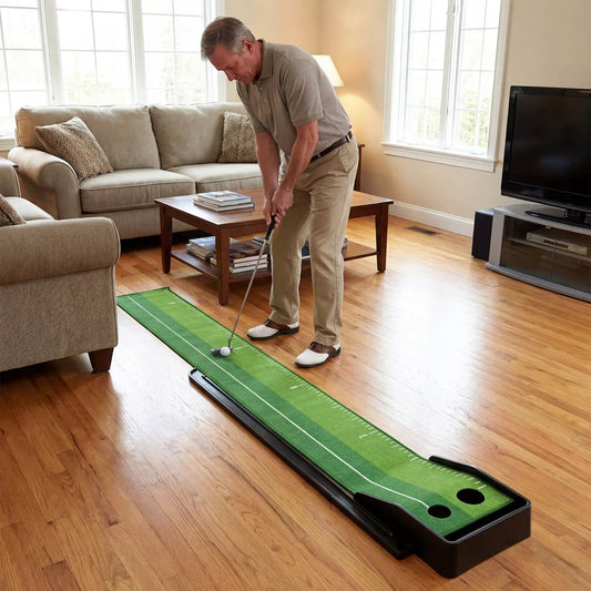 Putting Green Golf Mat With Auto Ball Return green turf with ball return holes indoors on Tampa Home & Garden Store