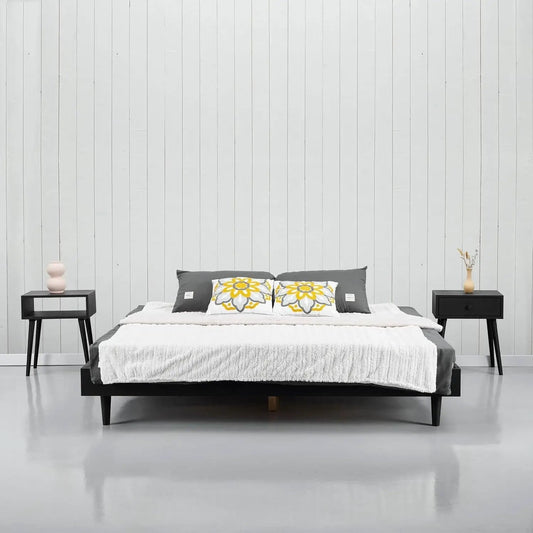 Queen Size Mid Century Platform Bed Frame Black with two black nightstands, grey bedding on Tampa Home & Garden Store