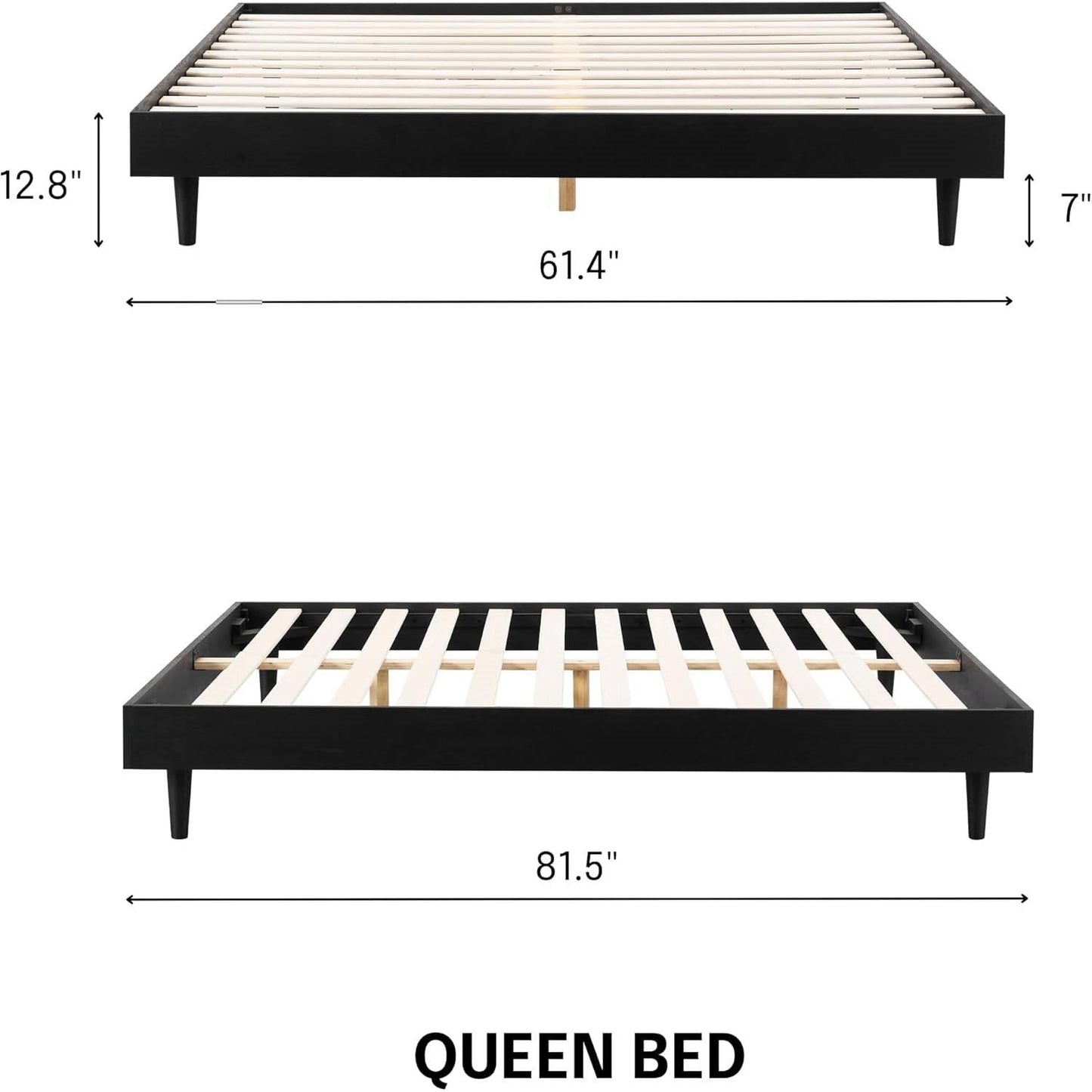 Queen size Mid-Century Modern Platform Bed Frame in Black Wood Finish