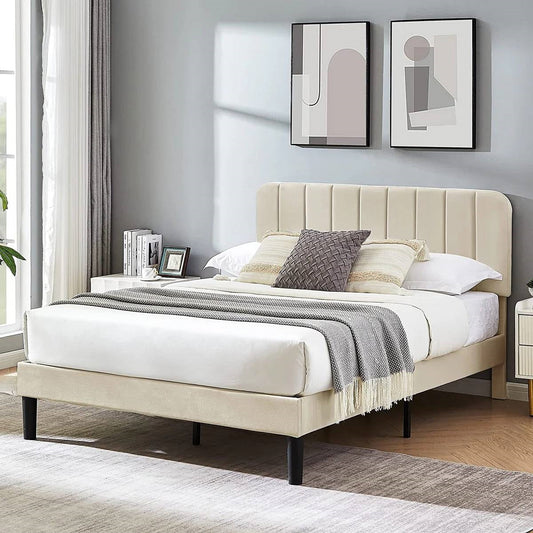 Queen size Beige Upholstered Platform Bed Frame with Headboard - Tampa Home & Garden Store