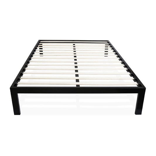 Estructura de cama Queen size moderna de metal negro con somier de láminas de madera
