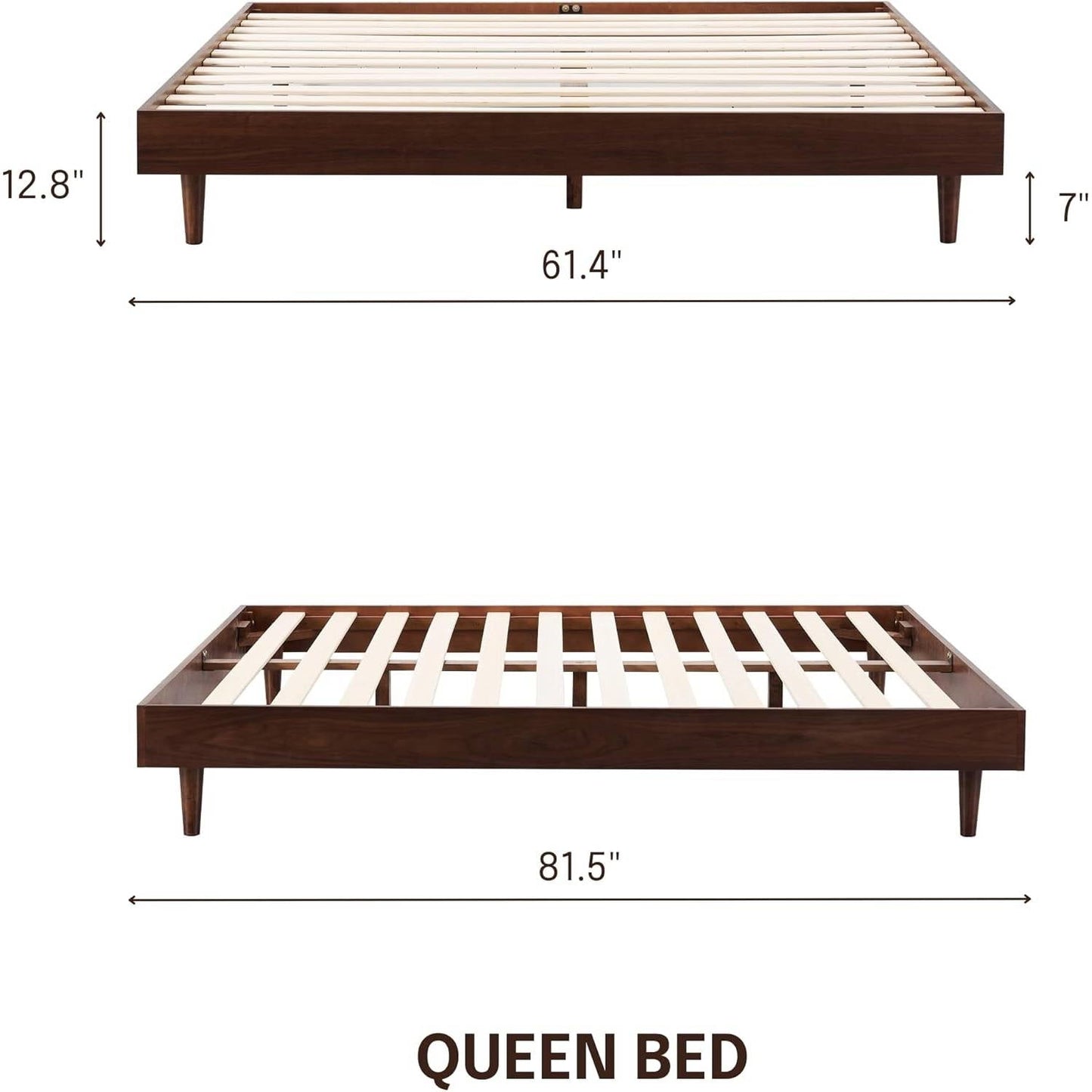 Base de cama de plataforma estilo moderno de mediados de siglo Queen, con acabado de madera en café oscuro