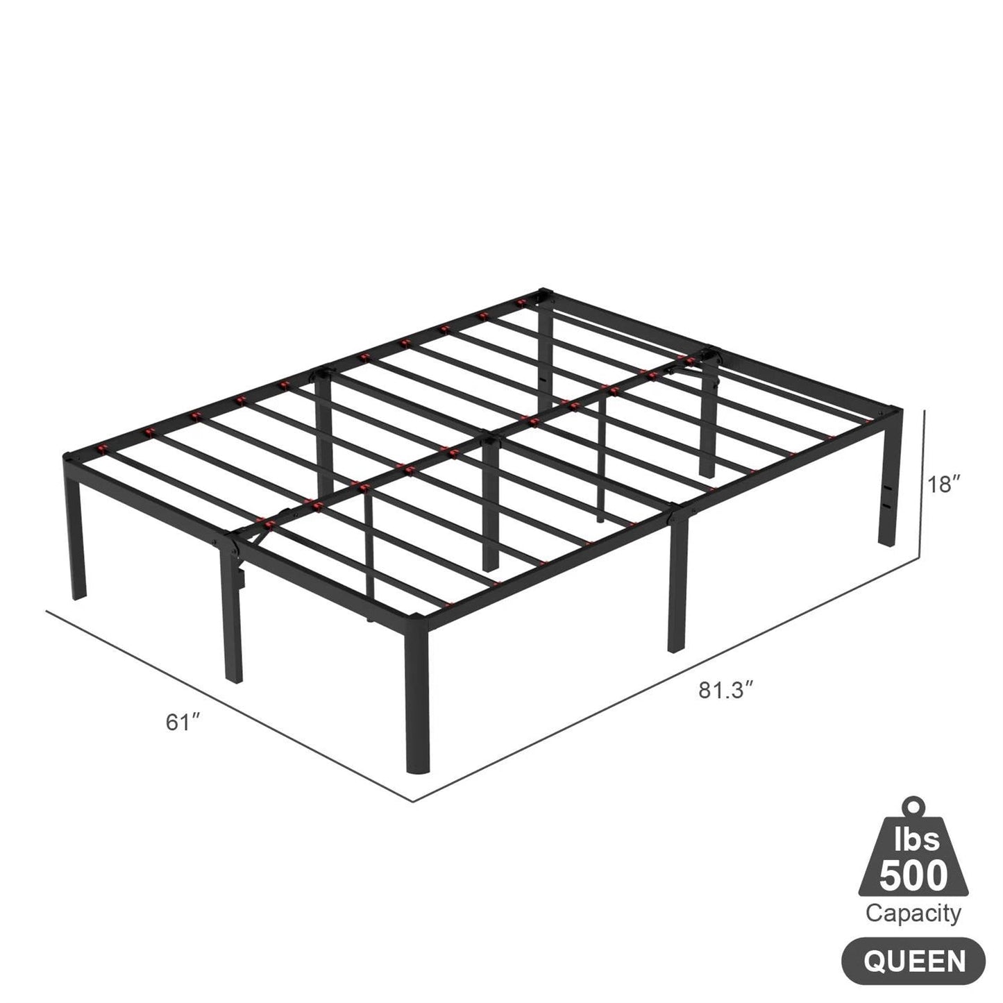 Base de cama de metal Queen de 18 pulgadas con esquinas redondeadas y espacio de almacenamiento debajo de la cama