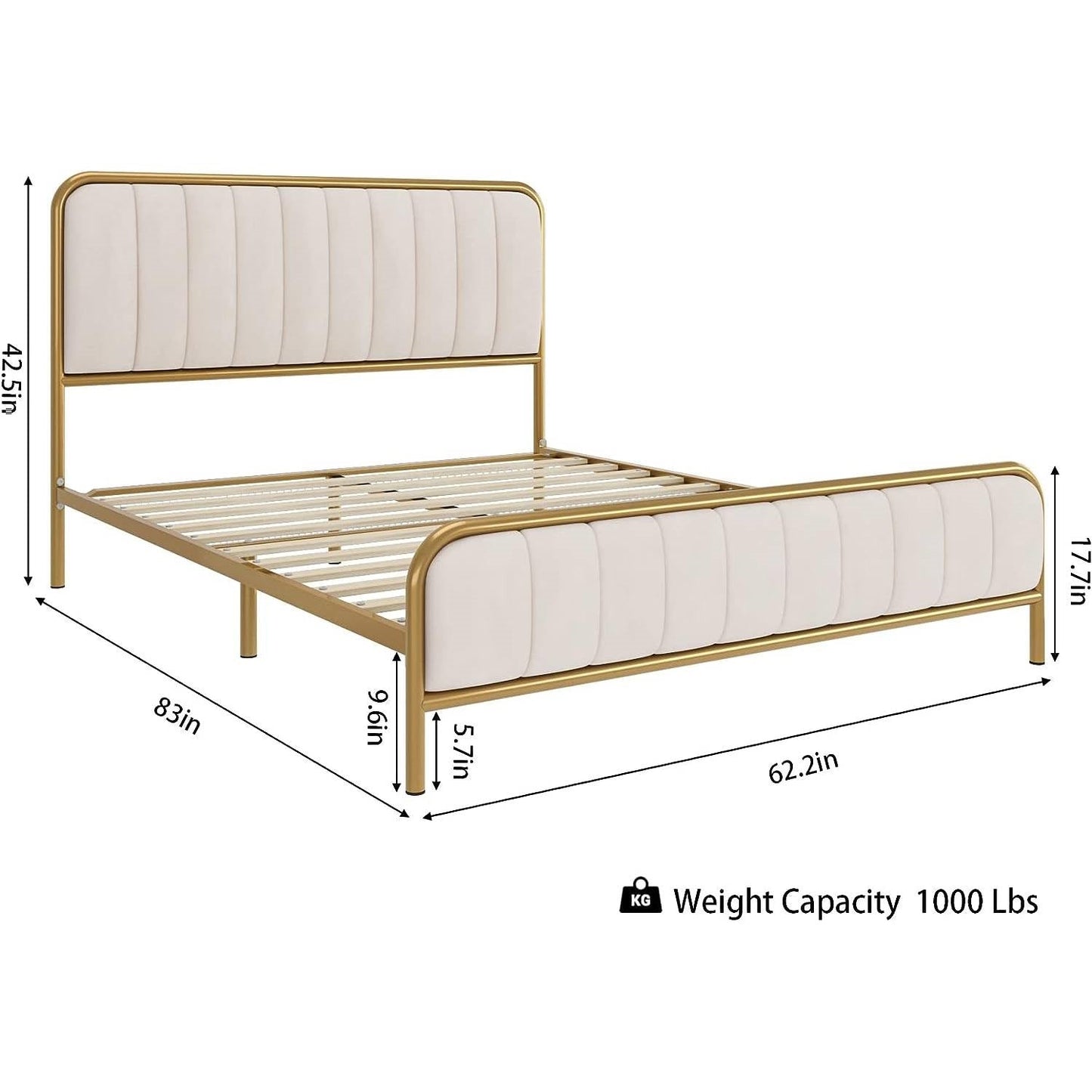 Estructura de cama de plataforma de metal dorado tamaño Queen con cabecero tapizado en blanco roto