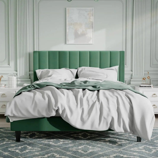 Queen green velvet platform bed frame with upholstered headboard on Tampa Home & Garden Store