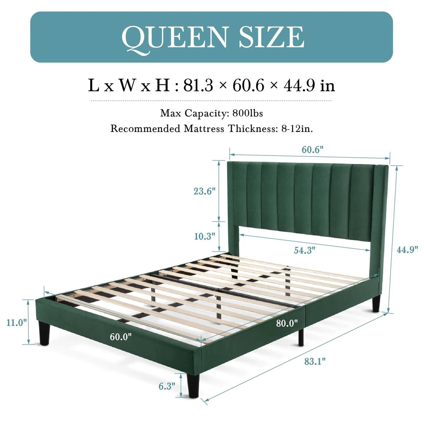 Base de Cama con Plataforma Tapizada de Terciopelo Verde Tamaño Queen con Cabecero