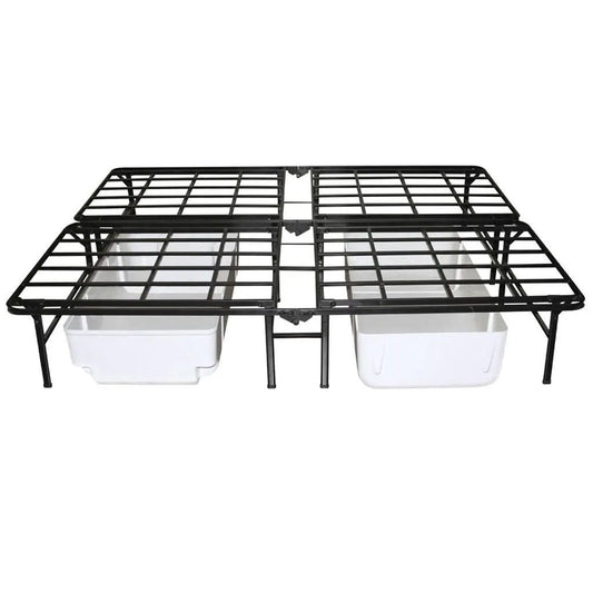 Queen heavy-duty black metal platform bed frame with two under-bed storage bins on Tampa Home & Garden Store