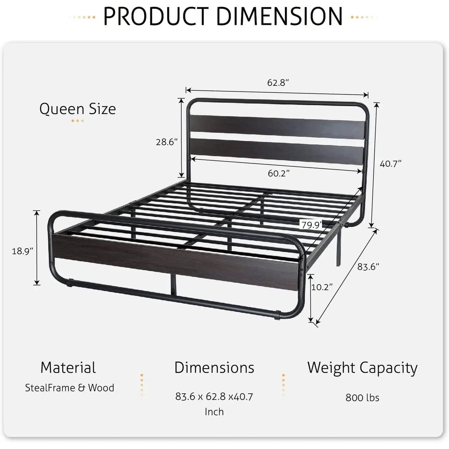 Queen Heavy Duty Round Metal Frame Platform Bed with Black Wood Panel Headboard - Tampa Home & Garden Store