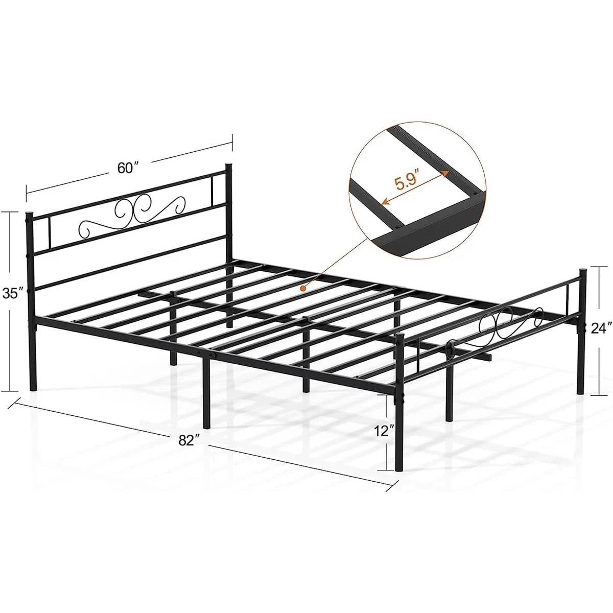 Marco de cama con plataforma de metal resistente Queen con cabecero y piecero en acabado negro