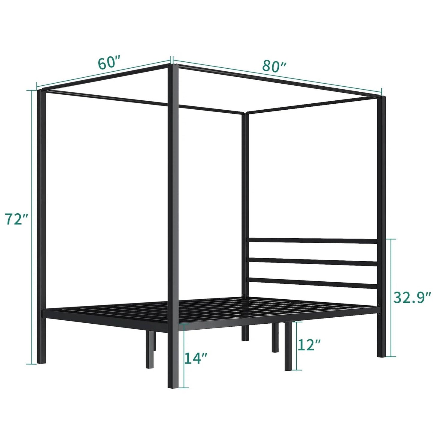 Cama con dosel de metal moderna tamaño queen con cuatro postes en acabado negro