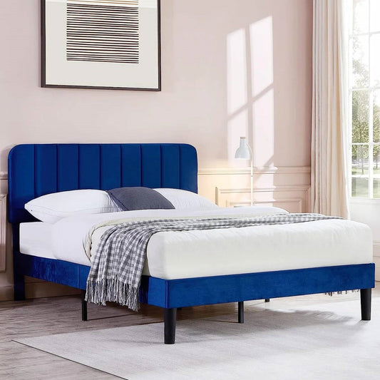 Queen size Blue Upholstered Platform Bed Frame with Headboard - Tampa Home & Garden Store