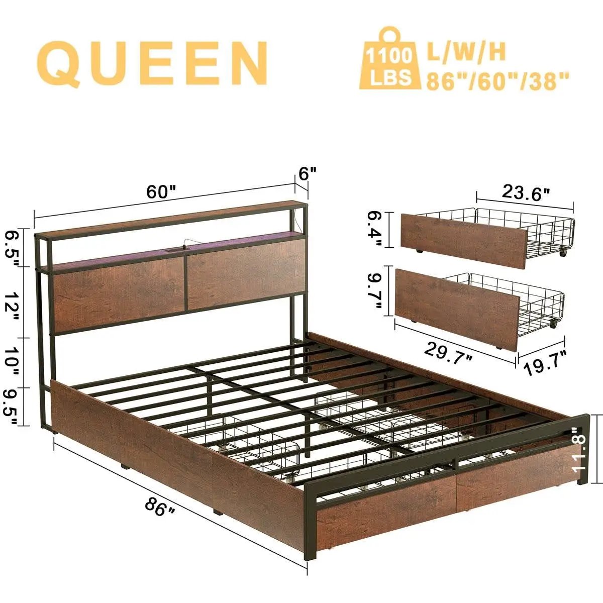 Queen platform bed with headboard and storage drawers, brown, black metal frame on Tampa Home & Garden Store