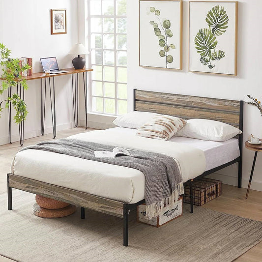 Queen Industrial Farmhouse Rustic Wood Metal Platform Bed Frame with Headboard - Tampa Home & Garden Store