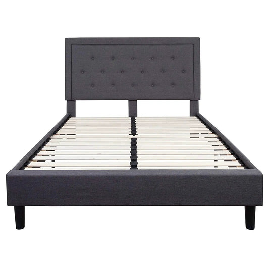 Queen size dark gray fabric upholstered platform bed frame with tufted headboard on Tampa Home & Garden Store