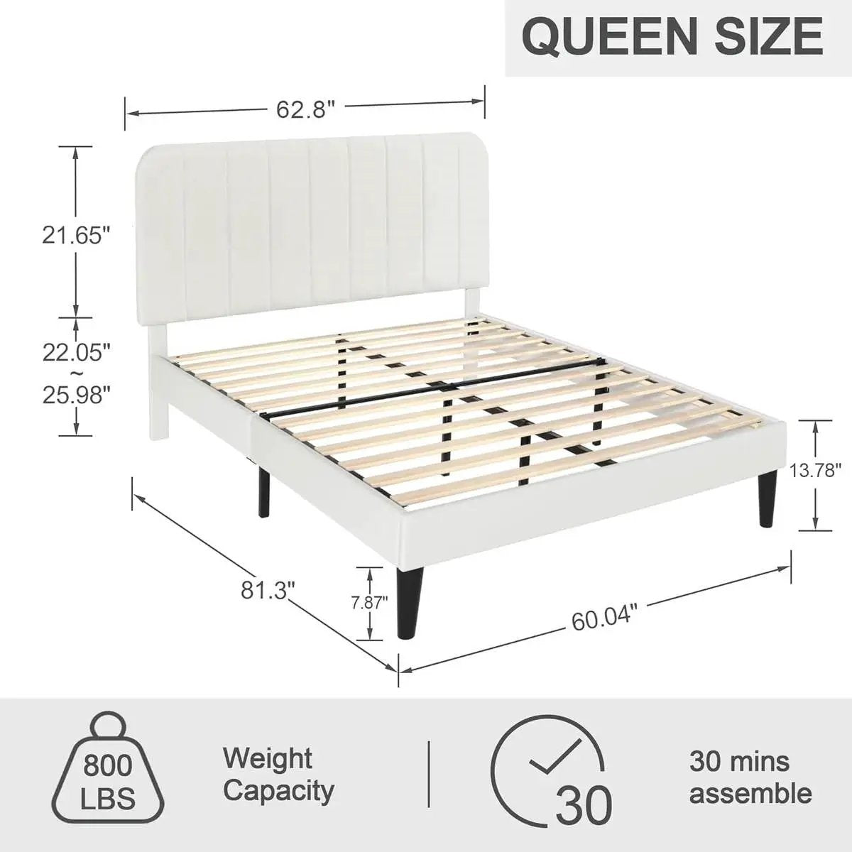 Queen size White Upholstered Platform Bed Frame with Headboard - Tampa Home & Garden Store