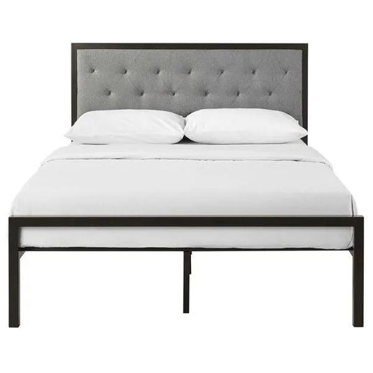 Queen size metal platform bed with grey tufted upholstered headboard and dark frame on Tampa Home & Garden Store