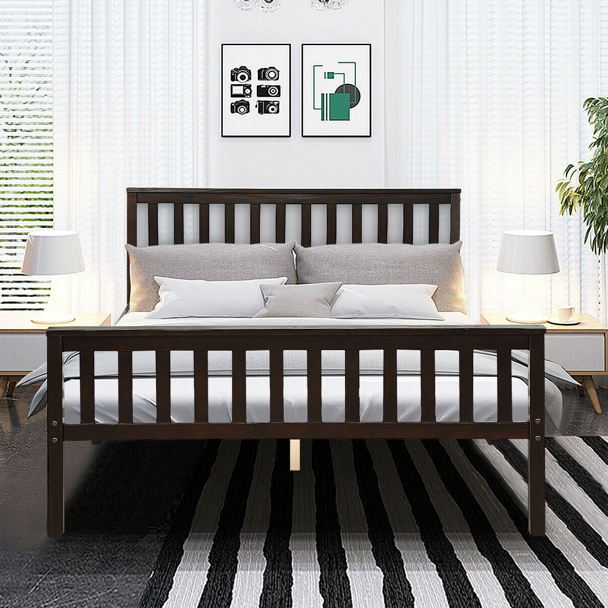 Base de cama Queen de madera con cabecero y pie de cama, color Espresso