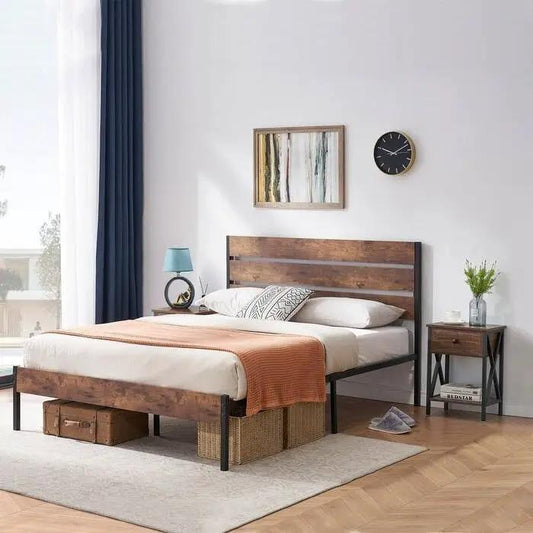 Queen Industrial Platform Bed with Headboard, brown wood slat design, black metal frame on Tampa Home & Garden Store