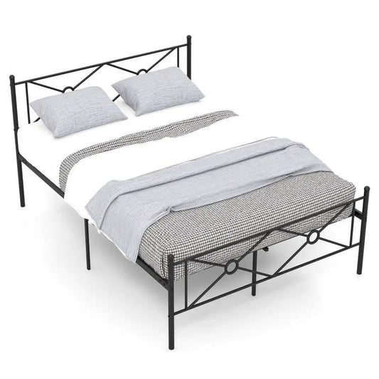 Queen Black Metal Bed Frame with headboard and footboard, geometric ring accents, HomePacific on Tampa Home & Garden Store