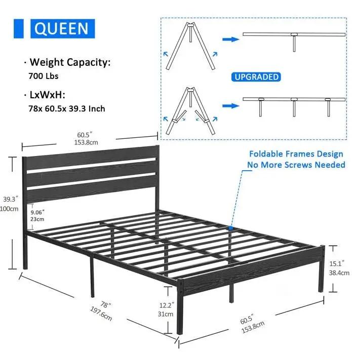 Queen Size Industrial Platform Bed with Headboard in dark metal, slatted frame by HomePacific on Tampa Home & Garden Store