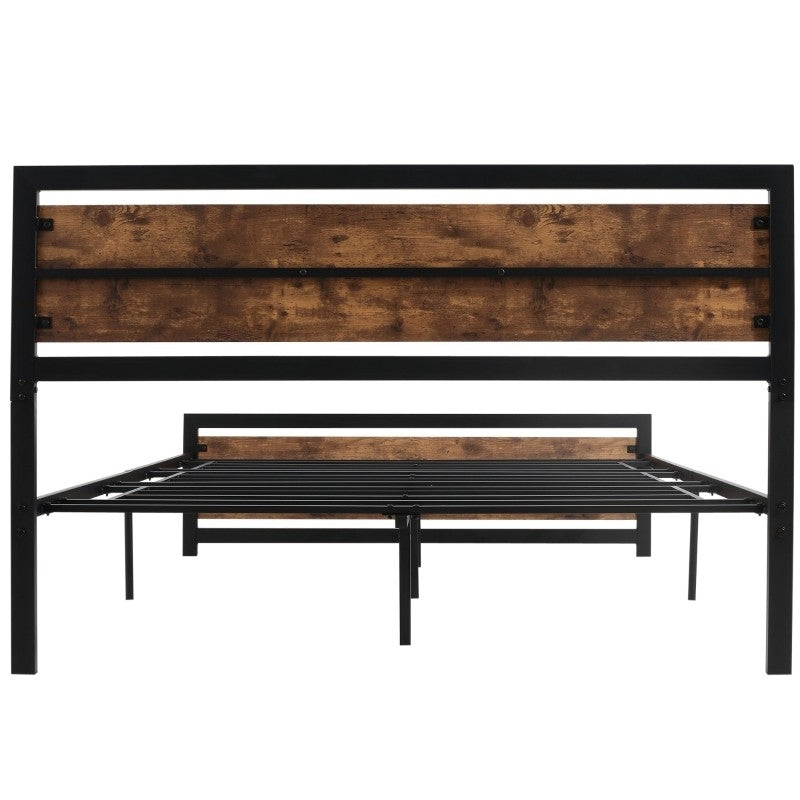 Cama Plataforma Queen Size de Metal y Madera Estilo Rústico con Cabecero y Pie de Cama
