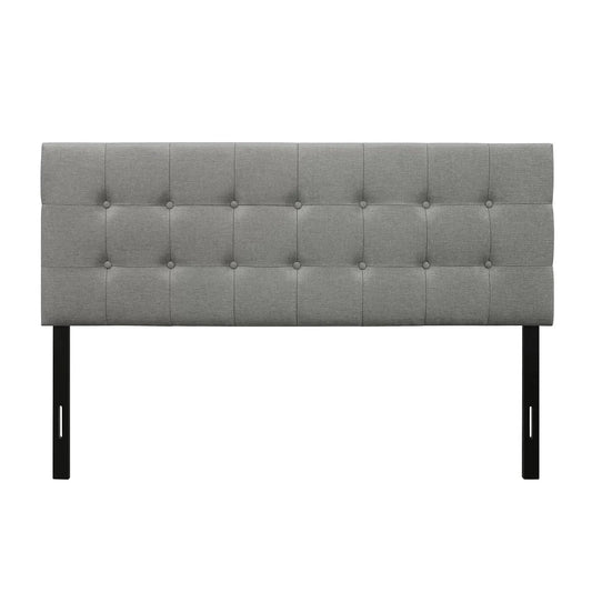 Queen headboard button tufted in grey fabric with black metal legs on Tampa Home & Garden Store