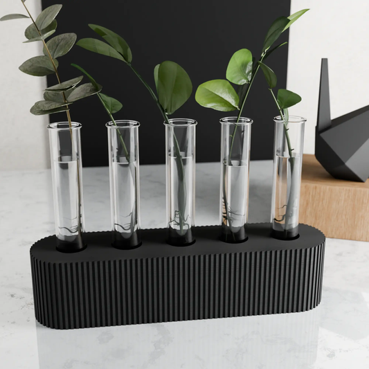 Quintuple Propagation Stand for Five Tubes with five glass tubes in a black grooved base on Tampa Home & Garden Store