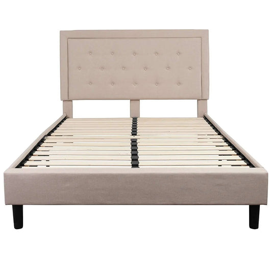 Queen beige upholstered platform bed with button tufted headboard and dark tapered legs on Tampa Home & Garden Store