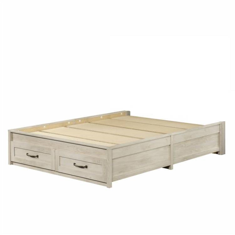 Cama con plataforma Queen Farmhome con cajones de almacenamiento en acabado de madera blanquecina