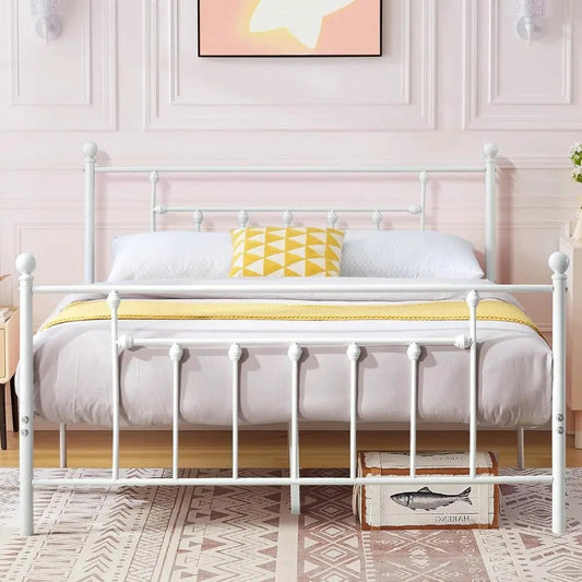 Queen Size Vintage White Metal Platform Bed Frame with headboard and footboard, HomePacific on Tampa Home & Garden Store