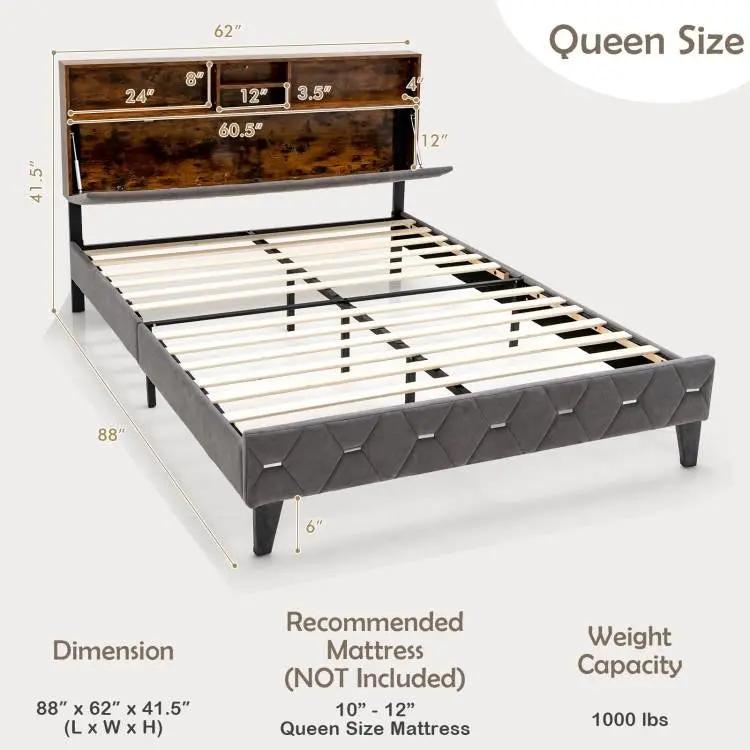 Queen Size Velvet Upholstered Open/Close Storage Headboard Platform Bed - Tampa Home & Garden Store