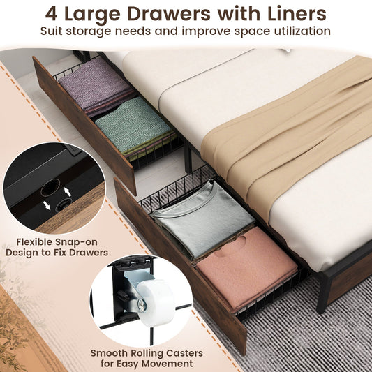 Full/Queen Size Bed Frame with Bookcase Headboard and 4 Storage Drawers - Tampa Home & Garden Store