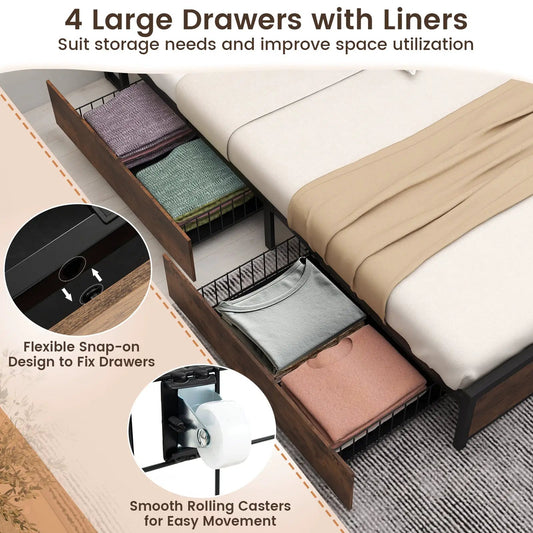 Full/Queen bed frame with bookcase headboard, dark wood finish, and four fabric-lined storage drawers on Tampa Home & Garden Store