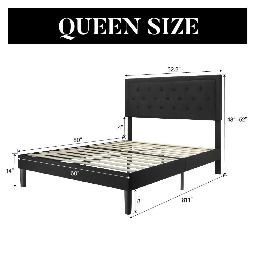 Queen Black Linen Upholstered Platform Bed Frame with Button-Tufted Headboard - Tampa Home & Garden Store