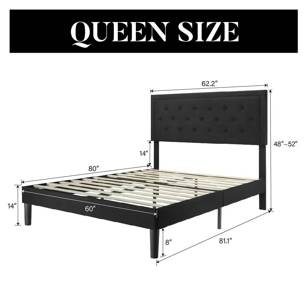 Queen Black Linen Upholstered Platform Bed with Button-Tufted Headboard by HomePacific on Tampa Home & Garden Store