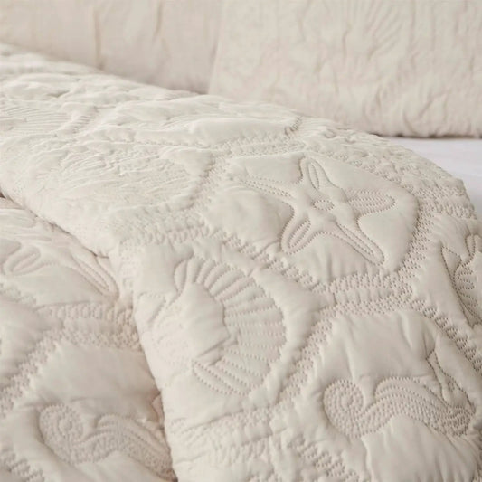 Queen Quilt Set Coastal Starfish Seashells white motif, 3pc HomePacific on Tampa Home & Garden Store