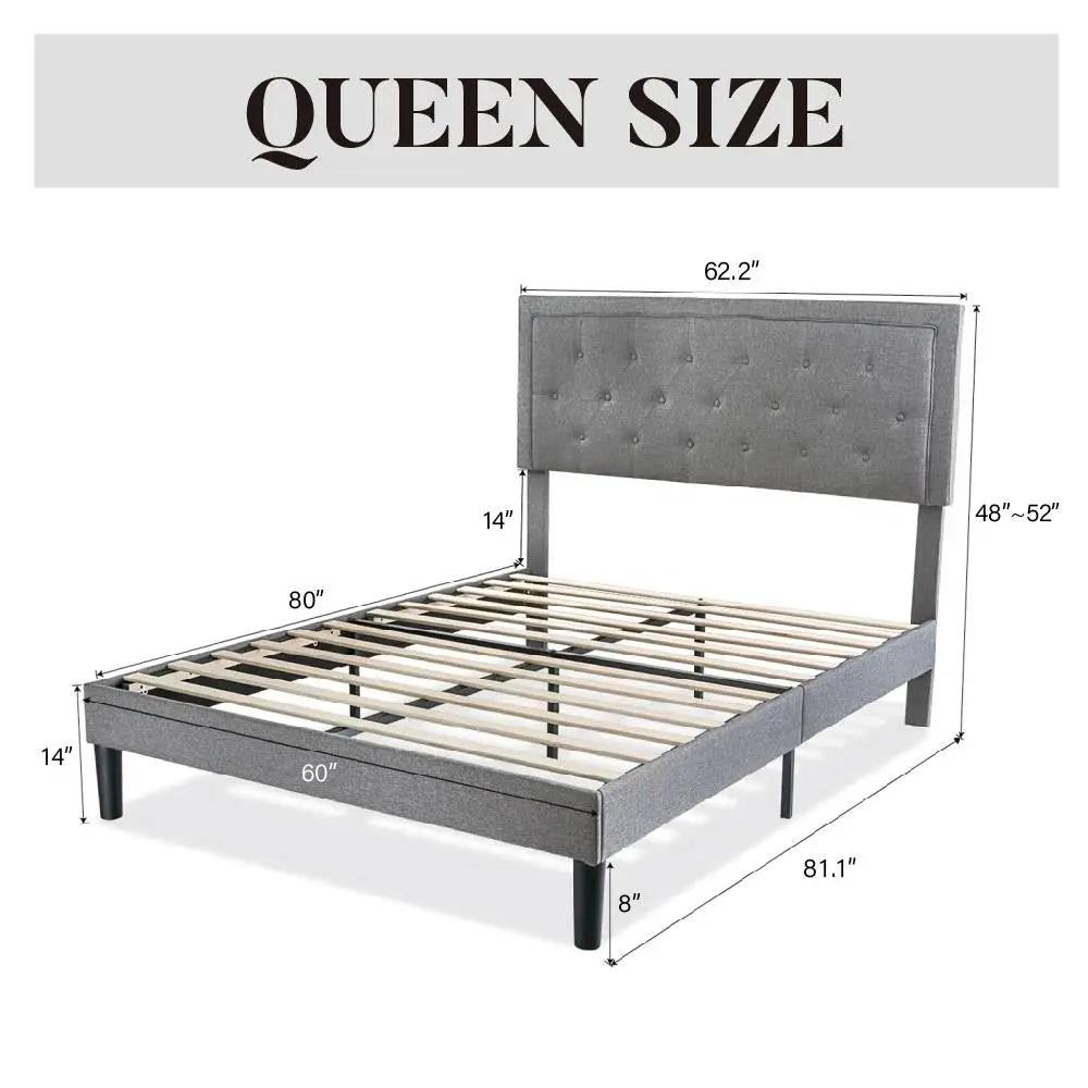 Queen grey linen upholstered platform bed frame with tufted headboard by HomePacific on Tampa Home & Garden Store