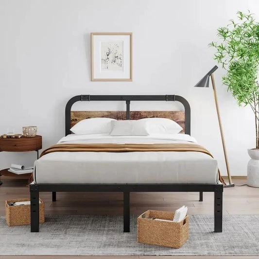 Queen black metal bed frame with solid wood headboard panel, industrial platform bed on Tampa Home & Garden Store